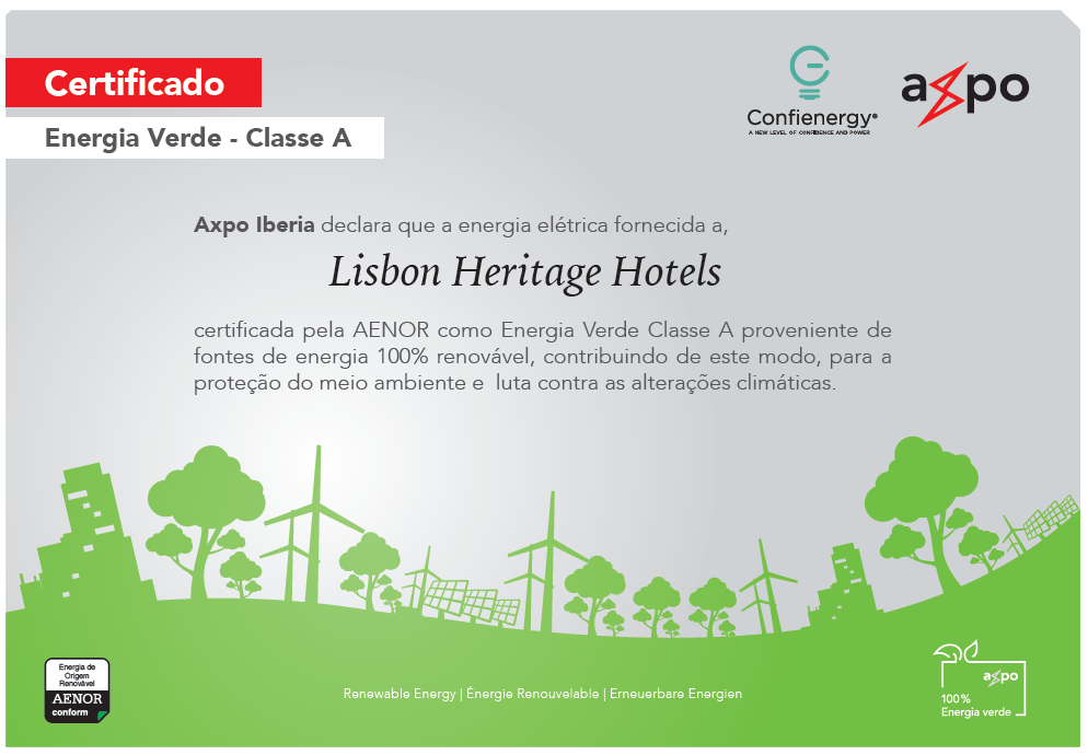 Hoteis Heritage Lisboa consomem eletricidade proveniente de fontes de energia 100% renovável